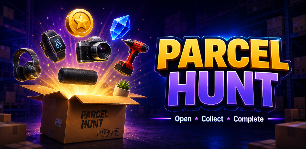 Parcel Hunt – geöffnetes Mystery-Paket mit verschiedenen sammelbaren Gegenständen