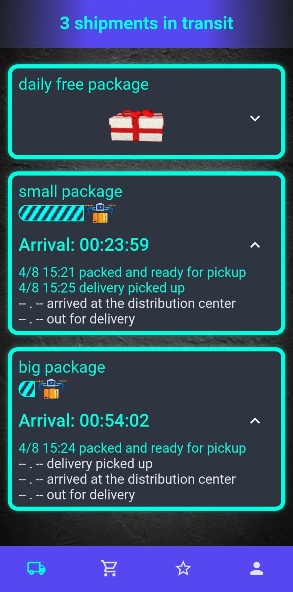 Parcel Hunt Screenshot mit bestellten Paketen und Lieferstatus