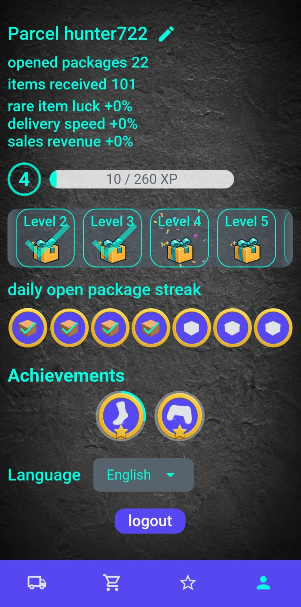 Parcel Hunt Profil mit Level, täglichen Belohnungen und Achievements